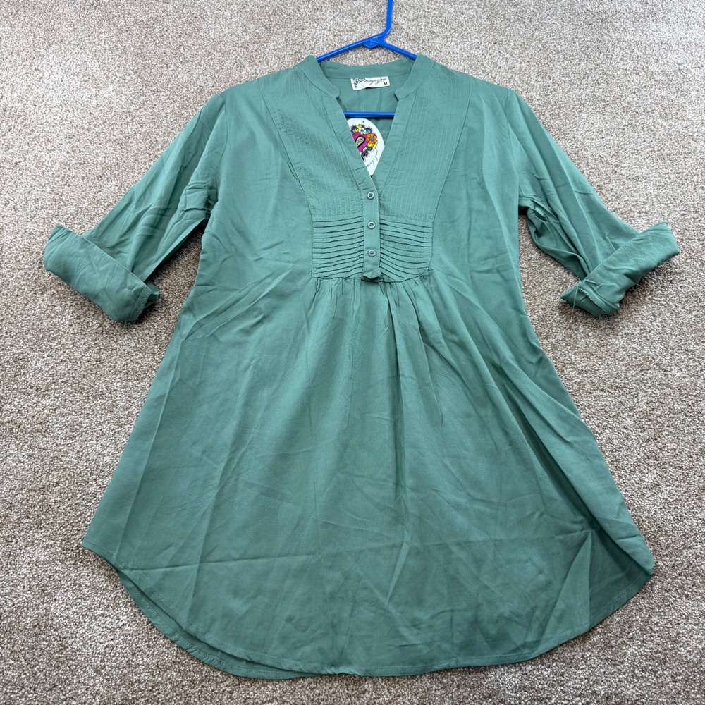 Magazine Womens Olive Green Cotton Pintuck Roll Tab Sleeve Tunic Top M NEW Boho